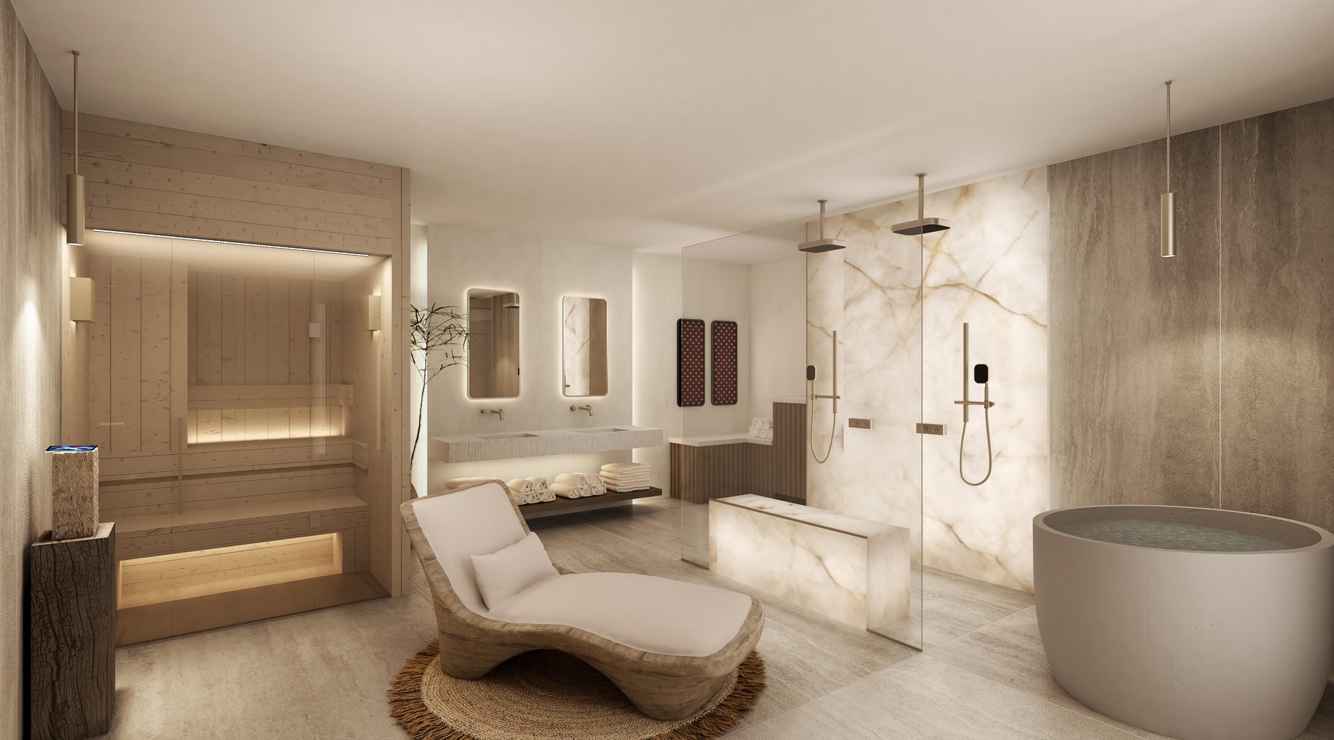 SENTO Wellness Bathroom — sauna, soaking tub, organic chaise