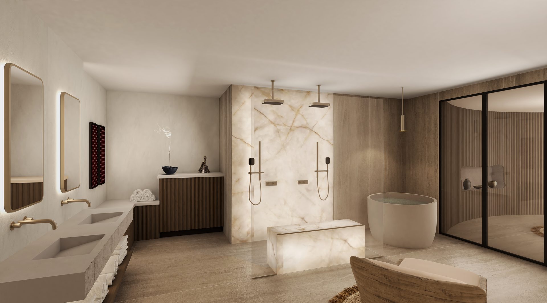 SENTO Wellness Bathroom — onyx shower, dual vanity
