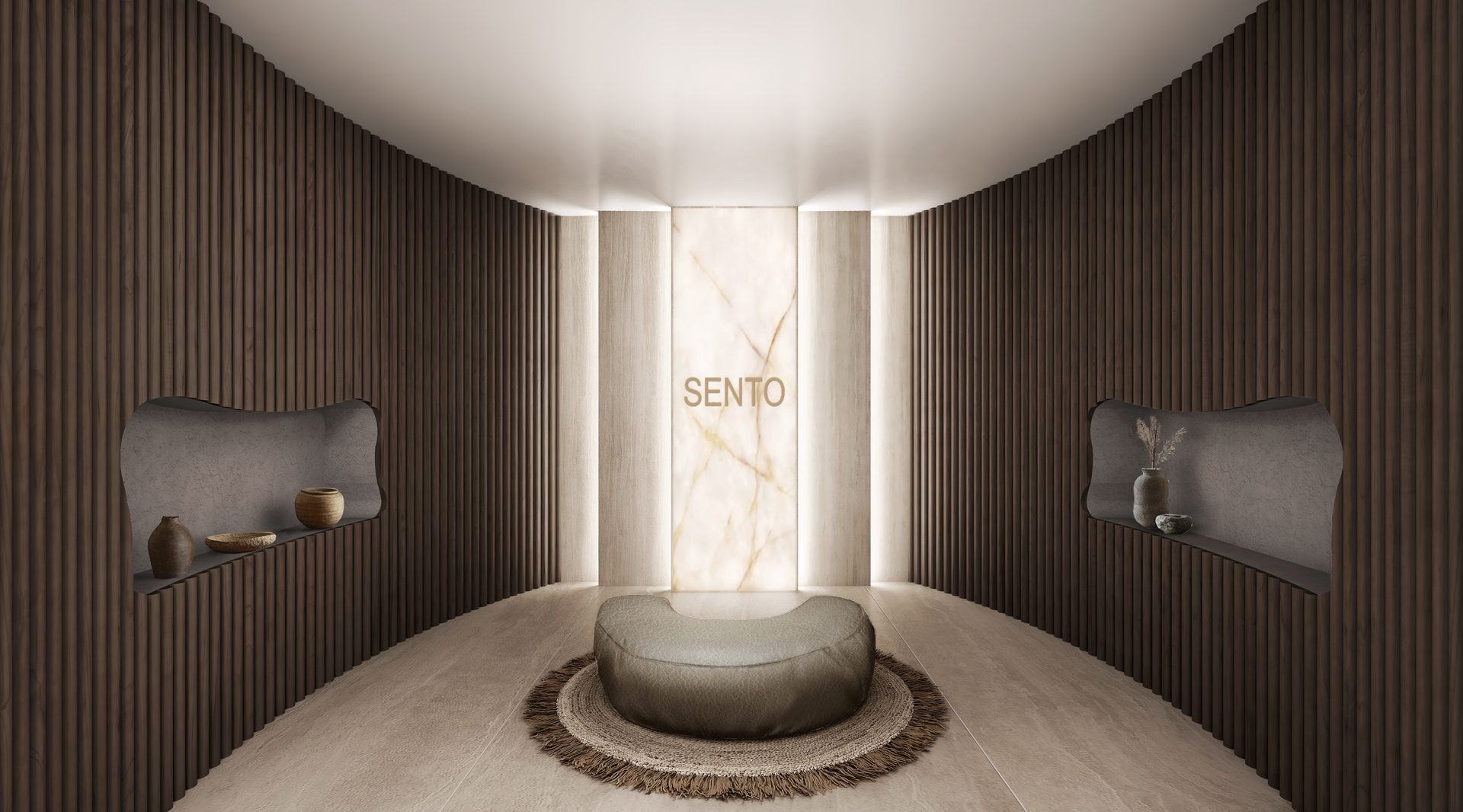 SENTO Meditation Room — illuminated onyx panel, walnut walls